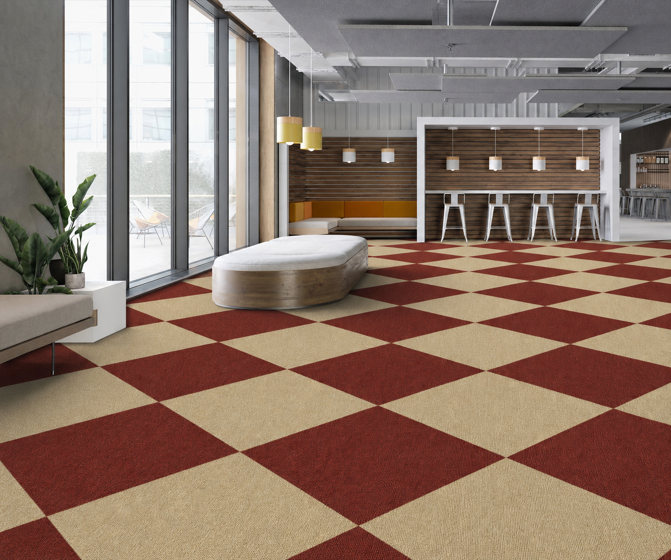 Office transformed with a red and beige diamond-pattern carpet using NioSpace